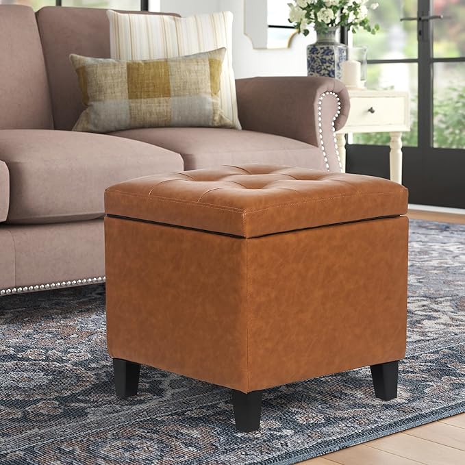 Leather Storage Ottoman with Hinged Lid, Square Foot Rest Stool Tufted Cube Footstool, Cognac Brown
