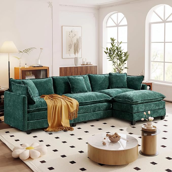 SoarFlash 113.78" Chenille Sectional Sofa, Comfy L Shaped Modular Coush Sofa with Ottoman, Modern 4 Seat Couch Deep Seat Sofa Set for Living Room,Green