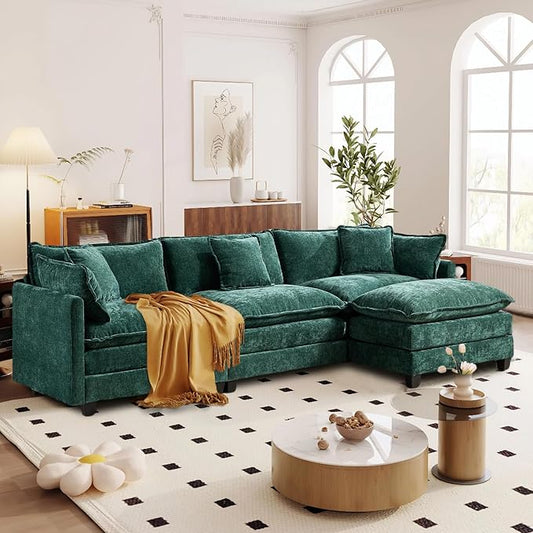 SoarFlash 113.78" Chenille Sectional Sofa, Comfy L Shaped Modular Coush Sofa with Ottoman, Modern 4 Seat Couch Deep Seat Sofa Set for Living Room,Green