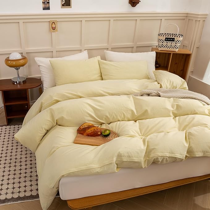 ECOCOTT Duvet Cover Set, 100% Washed Cotton Linen-Like Soft & Breathable, Durable Comfy Bedding Set for All Seasons (Light Yellow, Queen)