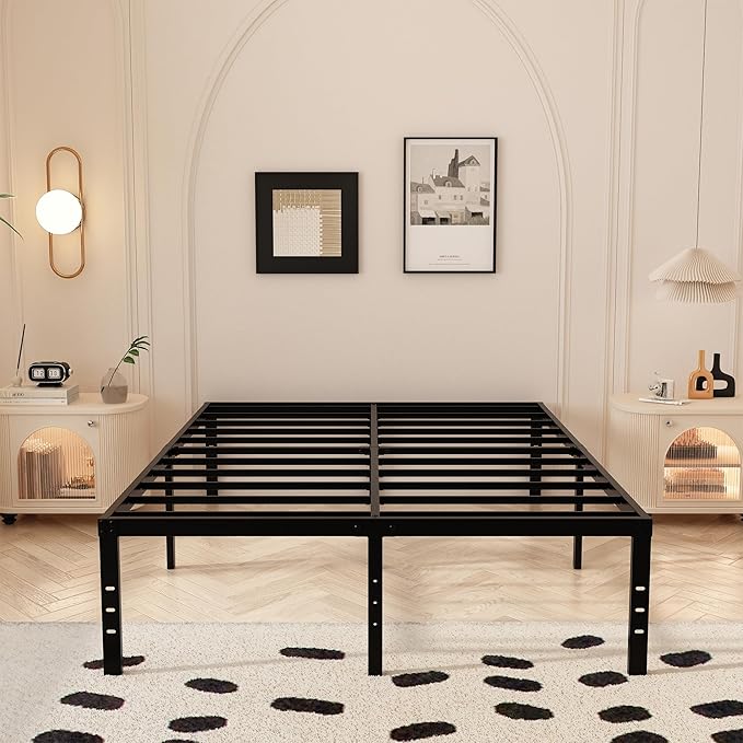 Queen Bed Frame with Fabric Cover 18 Inch, Heavy Duty Metal Bed Frame Queen Size, No Box Spring Needed, Support Up to 3000 lbs, Easy Assembly, Noise Free, Black