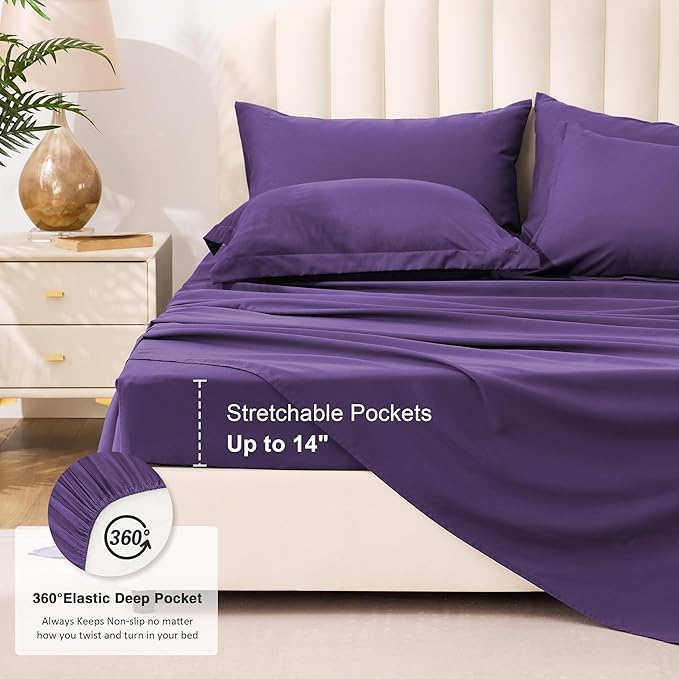 Love's cabin California King Comforter Set Dark Purple, 7 Pieces California King Bed in a Bag, All Season Bedding Sets with 1 Comforter, 1 Flat Sheet, 1 Fitted Sheet, 2 Pillowcase and 2 Pillow Sham