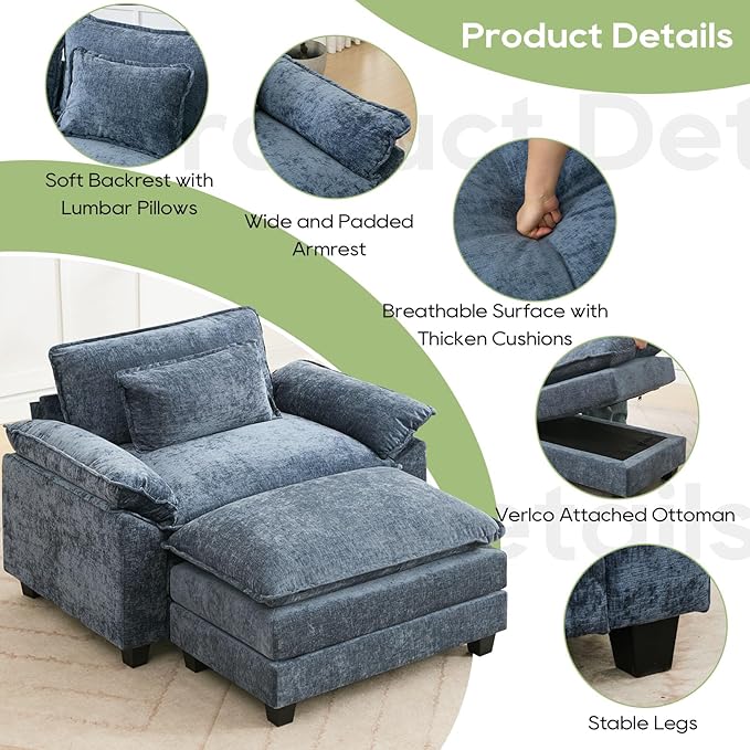 53" Modular Sectional Sofa, Comfy Cloud Couch Sectional Sofa with Ottoman, Chenille Sofa Sleeper Deep Seat Sofa with Throw Pillows for Living Room (Blue)