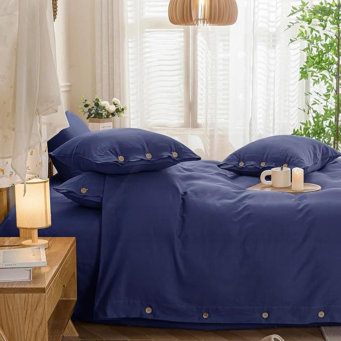 JELLYMONI Cotton Duvet Cover Full Size - Navy Blue Comforter Cover with Button 100% Washed Cotton 3PCS Breathable Soft Solid Bedding Set Duvet Cover 80×90in & 2 Pillowcases (NO Comforter)