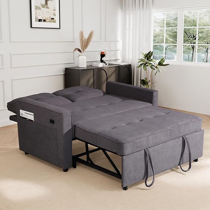 EJUNQ Pull Out Couch, Convertible Sofa Bed with USB and Reclining Backrest, Modern 3 in 1 Sleeper Sofa Couch Bed with Side Pockets, Comfortable Loveseat Sleeper for Small Spaces.((Gray)