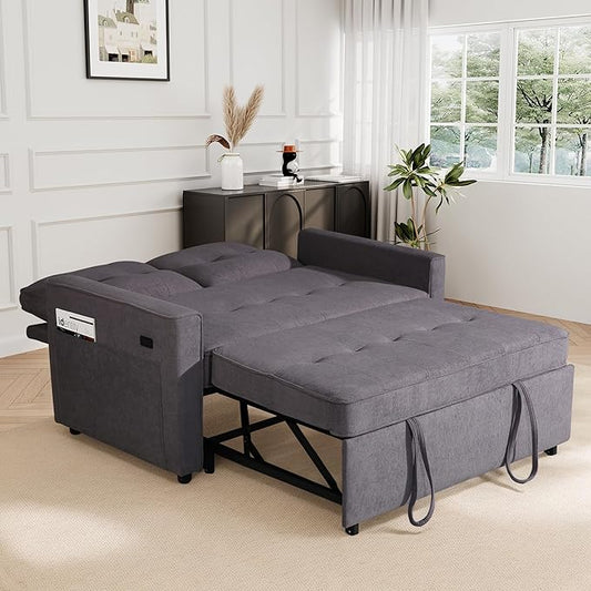 EJUNQ Pull Out Couch, Convertible Sofa Bed with USB and Reclining Backrest, Modern 3 in 1 Sleeper Sofa Couch Bed with Side Pockets, Comfortable Loveseat Sleeper for Small Spaces.((Gray)