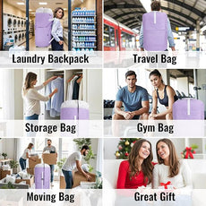 Laundry Bag Backpack, 125L Extra Large Travel with Shoulder Straps, Adjustable & Extendable Design, Laundry Hamper Bag with 3 Pockets for Laundromat, College, Travel, Camping (Purple)
