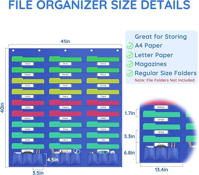 ZKOO 27 Pockets Hanging Wall File Organizer, Heavy Duty Wall Pocket File Holder for A4 Size Paper/Legal/Letter Size Document, for Classroom, Office, Home Use with 5 Hooks, 27 Tags bag, 9 Small Pocket