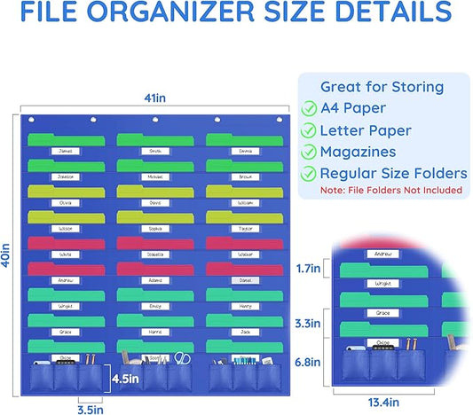 ZKOO 27 Pockets Hanging Wall File Organizer, Heavy Duty Wall Pocket File Holder for A4 Size Paper/Legal/Letter Size Document, for Classroom, Office, Home Use with 5 Hooks, 27 Tags bag, 9 Small Pocket
