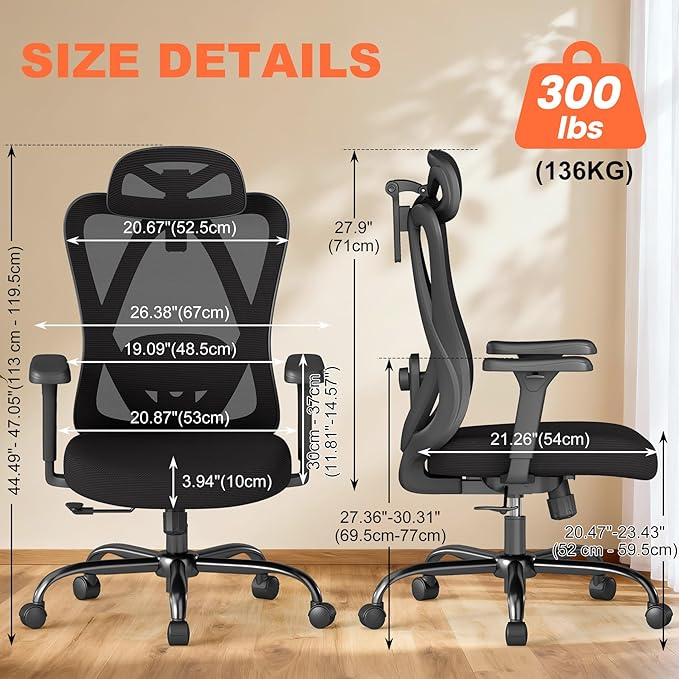 AnyGod Office Chair Ergonomic Desk Chair,Adjustable Headrest Lumbar Support,300lbs Wide Seat Big and Tall with 3D Armrests, Comfy for Computer Work, Study, Home Office (Black)