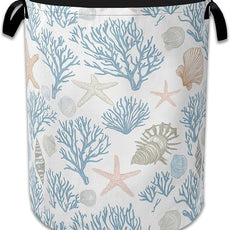 Starfish Coral Shells Laundry Hamper With Handle,Foldable Oxford Cloth Ocean Laundry Basket,20.8