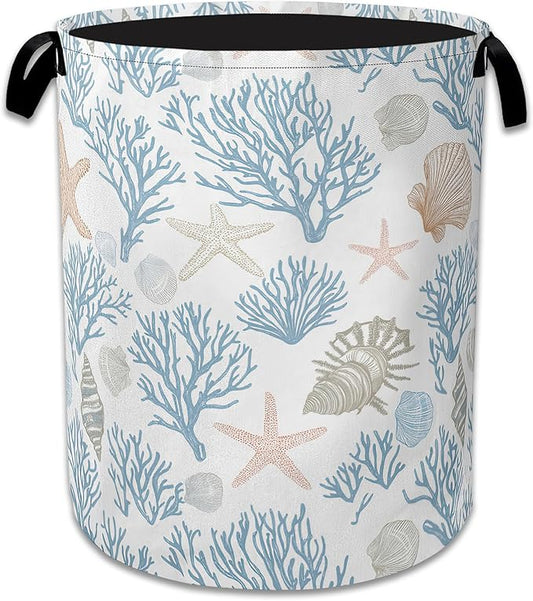 Starfish Coral Shells Laundry Hamper With Handle,Foldable Oxford Cloth Ocean Laundry Basket,20.8"x16" Clothes Storage Basket for Laundry Room/Bedroom/Bathroom