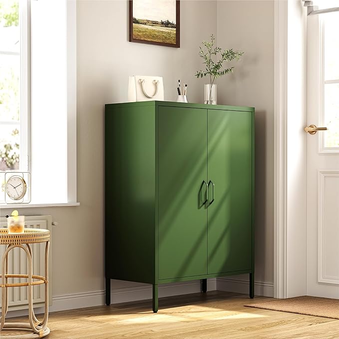 Metal Locker Cabinet, Green Storage Cabinets with 2 Doors and Adjustable Shelves, 3 Tier Modern Storage Freestanding Sideboard for Living Room,School,Office Home Kitchen and Coffee Bar