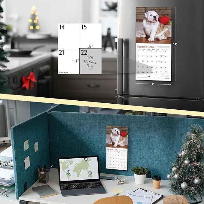 RED EMBER Bulldog Puppies 2026 Mini Wall Calendar 12 Month | 7" x 14" Open | Thick & Sturdy Paper | Holiday Gift | Cute Puppy Dog Calendar 2026