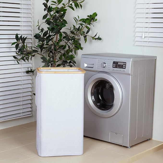 110L Laundry Hamper with Lid，Dirty Clothes Hampers for Laundry,Laundry Basket with Bamboo Handles and Removable Bag,Hamper for Bedroom, Bathroom, Dorm, Laundry Room, White