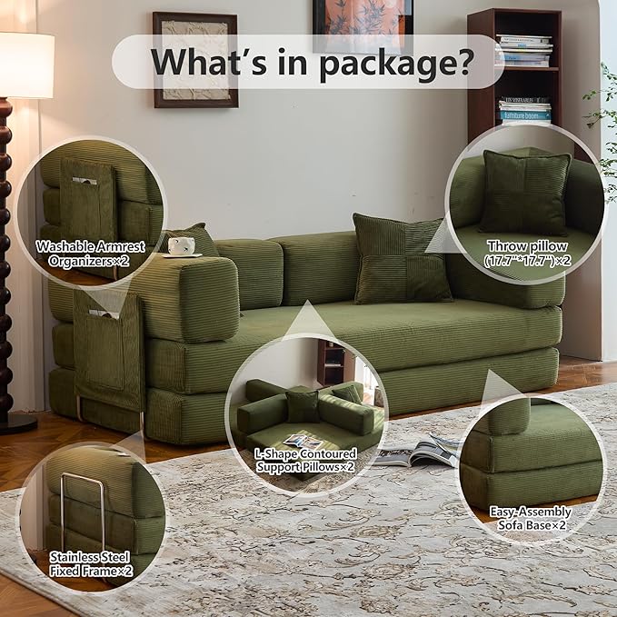 78.8" Convertible Sofa Bed - Compression Sofa with Corduroy Fabric - with Armrests and Backrest - Modular Sectional for Living Room, Bedroom, Studio - Compression Sofa in Box (Green)