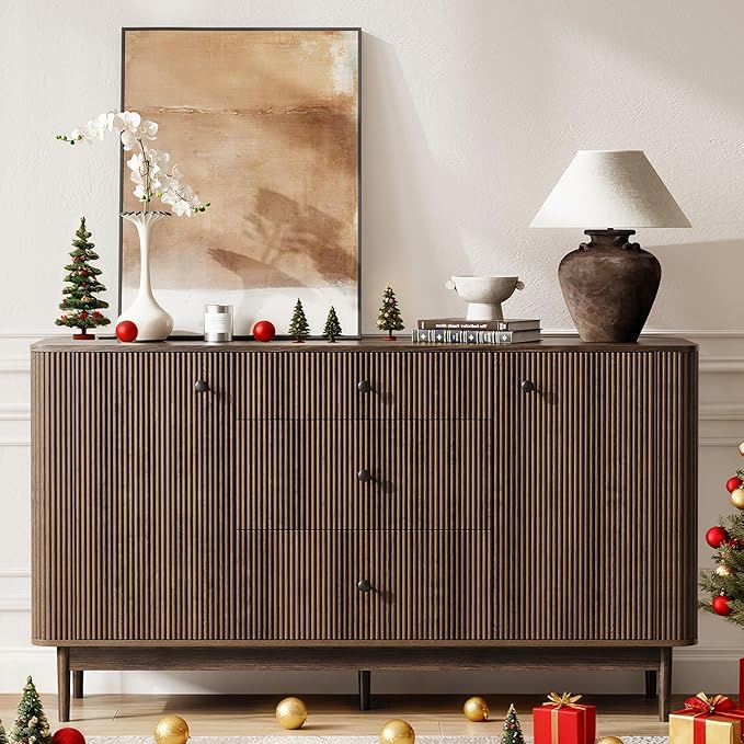 59" Sideboard Buffet Cabinet with Storage, Modern Fluted Accent Credenza with Charging Station, Wood Mid Century Buffet Table Coffee Bar Console Table with 3 Drawers & 2 Doors for Kitchen, Entryway