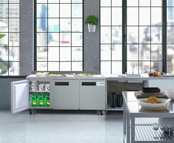 KoolMore 72" Stainless Steel 3 Door Worktop Commercial Refrigerator with 3 1/2 Backsplash - 16.9 cu.ft, Model: RWT-3D-16C