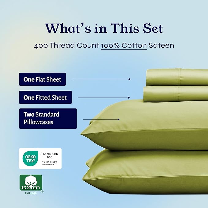 California Design Den Full Size Bed Sheets Set - Soft 400 Thread Count Sateen, Natural 100% Cotton Sheets Set with Deep Pockets, Breathable, and Durable Bedding - Celery Green CaliforniaDesignDen