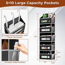 2 Packs 5-Tier Over the Door Storage Organizer with 10 Side Mesh Pockets, 48 lbs Load Capacity, 3 Hooks Design, Hanging Organizer with Clear Windows for Bathroom, Bedroom, Nursery, Kitchen-Black