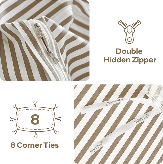JELLYMONI 100% Natural Cotton 3pcs Striped Duvet Cover Sets,White Duvet Cover with Khaki Stripes Pattern Printed Comforter Cover,with Zipper Closure & Corner Ties(Full Size)