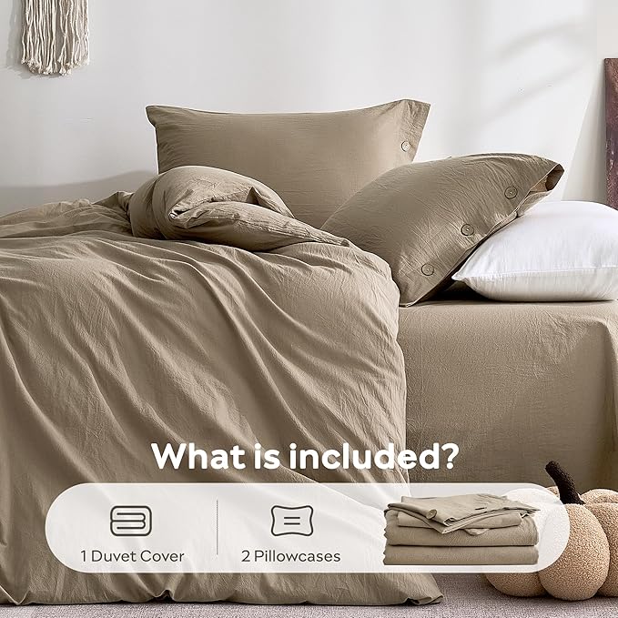 JELLYMONI 100% Washed Cotton Duvet Cover Queen – Soft, Breathable Linen-Look Bedding with Natural Wrinkle Texture, Button Closure, 3-Piece Set (Dusty Khaki, 90"x90")