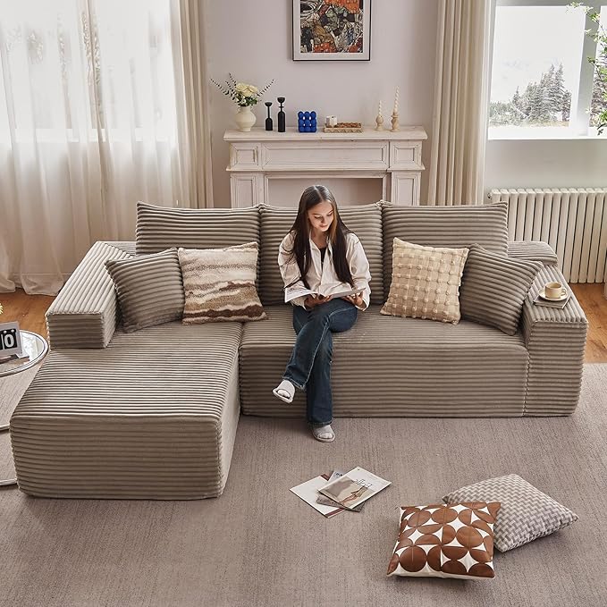 107" Cloud Sectional Couch with L-Shape Chaise, Modern Modular Comfy Sofa with Deep Seat, Upholstered Corduroy Couches Sleeper Chaise Longue for Living Room Bedroom, No Assembly Required, Camel