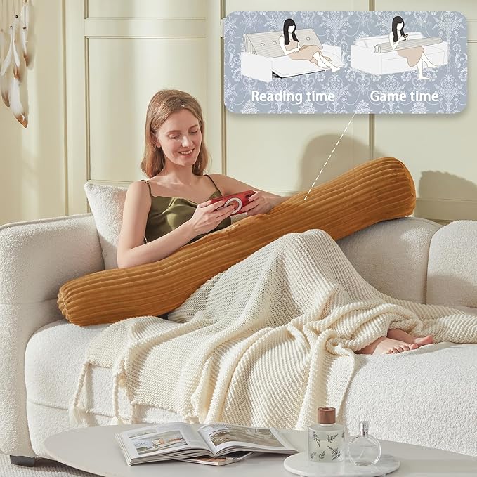 Headboard Wedge Pillow + A Long Neck Roll Pillow Body Pillow，Large Headboard Pillow with Removable Cover (Brown, King：76x8x20 inches)