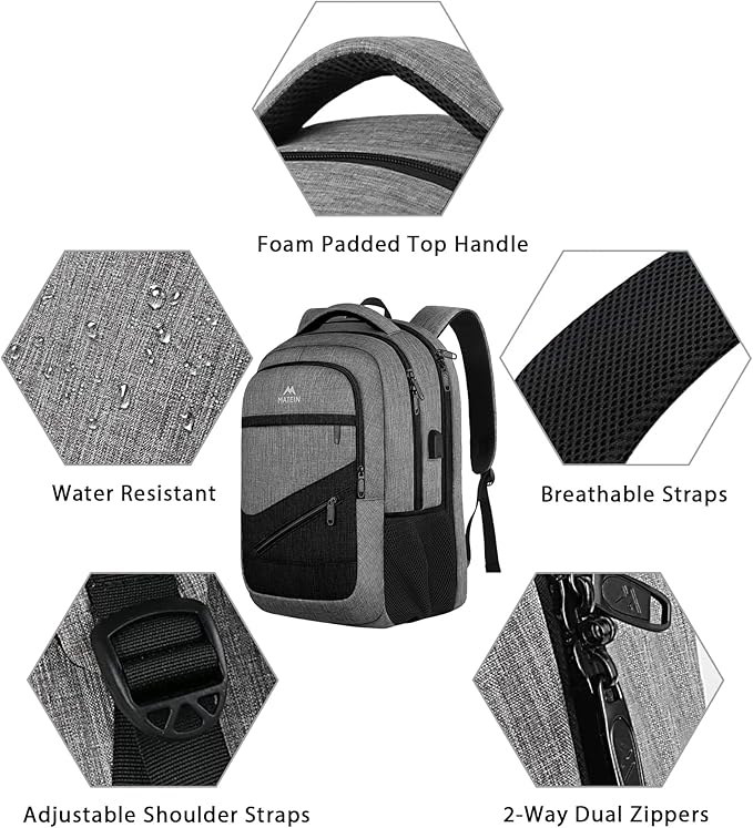 MATEIN 17 Inch Work Backpack for Men Women, Water Resistant Practical Travel Laptop Backpack with Trolley Sleeve, Casual College Daypack Laptop Compartment TSA Friendly, Grey Black