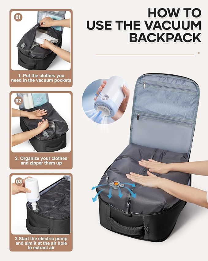 Vacuum Backpack Travel for Women Men, Travel Backpack with Vacuum System, Small Compression Backpacks Flight Approved, Travel Vacuum Bags with 14inch Laptop Compartment, Contain Pump, Black