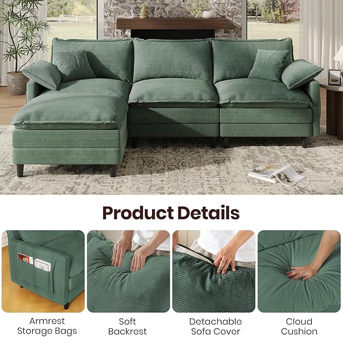 108" L Shaped Modular Sectional Cloud Couch with Ottoman, Snap-on Easy Installation 3 Seater Deep Seat Sofa with Storage Bag and Coffee Table for Living Room, Corduroy, Green
