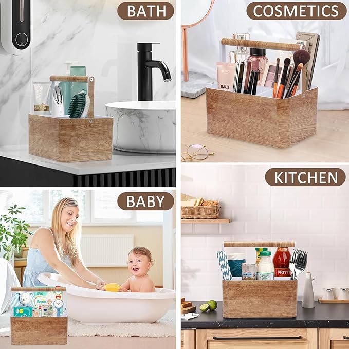 Shower Caddy Portable for College: Devided Bathroom Caddy Shower Basket for Dorm with Handle, Plastic Bathroom Counter Organizer Storage Tote Bin for Dorm,Kitchen,Cabinet, Wood Grain