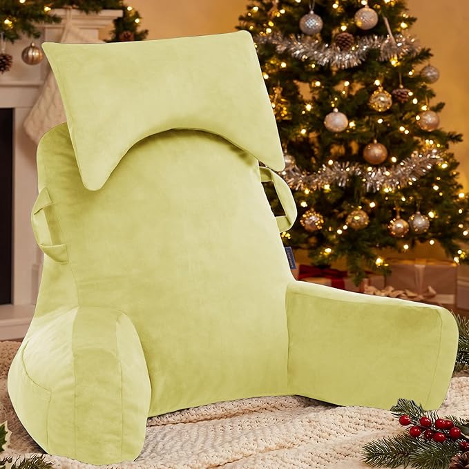 Portable Reading Pillows with Headrest for Bed Sitting Up(Yellow Oeko-Tex), Velvet Back Pillow with Arms & Pockets for Adults, Support Memory Foam Bed Pillow for Dorm/Reading/Watching/Gaming