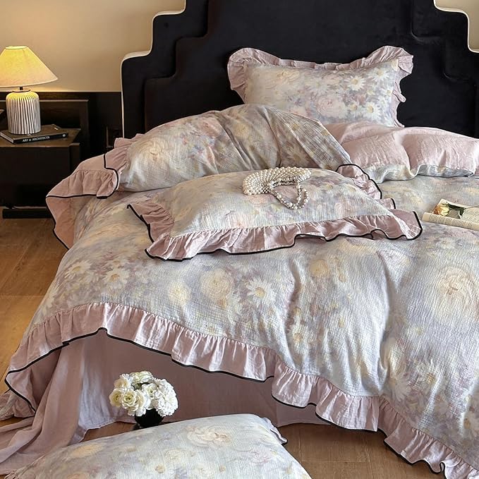 HighBuy Purple Floral Linen Cotton Duvet Cover Twin XL,Ruffle Design 3 Piece Natural Muslin Yarn-Dyed Textured Bedding Comforter Cover Set for Teen College Vintage Coquette Bedding Breathable