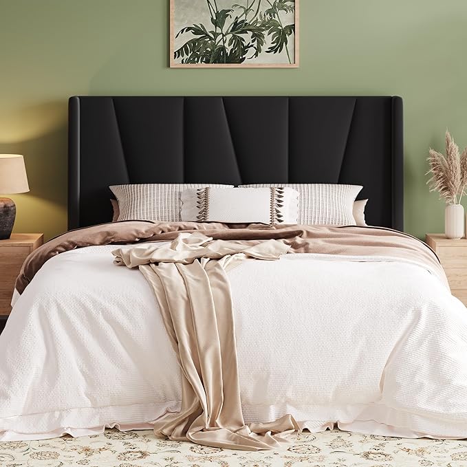 Allewie Full Size Platform Velvet Bed Frame with Geometric Wingback Headboard, Boho Upholstered Bed with Wooden Slats Support, No Box Spring Needed, Easy Assembly, Black