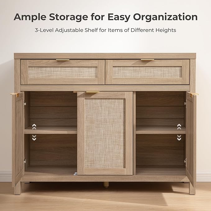 SICOTAS Rattan Sideboard Buffet Cabinet with Storage, Boho Credenza Accent Cabinet with 3 Doors and 2 Drawers, Farmhouse Console Coffee Bar for Kitchen, Living Room, and Entryway, Light Oak