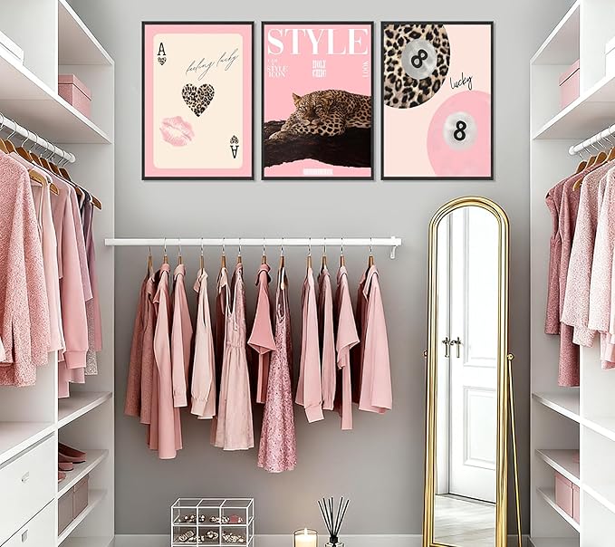 3Pcs Trendy Pink Leopard Wall Art Preppy Leopard Lucky 8 Ball Posters Printings Y2k Coquette Funky Cheetah Aesthetic Room Wall Decor for College Apartment Girls Bedroom Home Decoration 12x16in