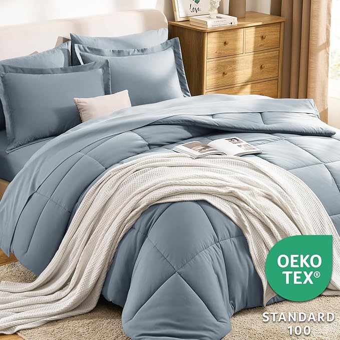 CozyLux Full Size Comforter Sets Grayish Blue - 7 Pieces Bed in a Bag Full, Oeko-Tex Certified Bed Set, All Season Soft Bedding Set with Down Alternative Comforter, Sheets, Pillowcases & Pillow Shams