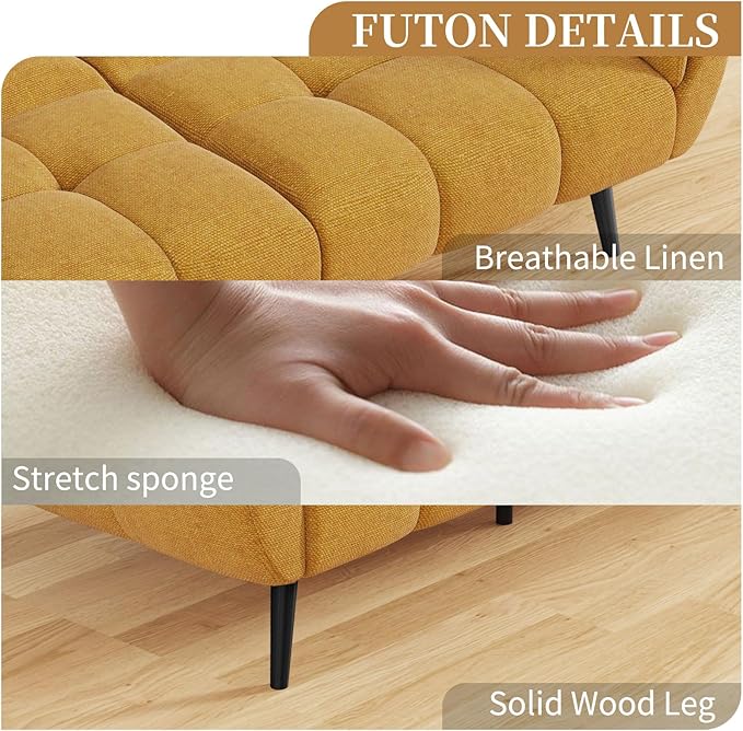 Futon Sofa Bed, Convertible 77" Modern Linen Futon Couch, Comfy Sleeper Sofa with Adjustable Backrests, Couch Bed for Small Spaces, Living Room, Bedroom, Apartment, Golden Yellow
