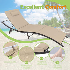 Patio Chaise Lounge Set 3 Pieces Pool Lounge Chairs,Cushioned Outdoor Folding Lounge Chair w/Rattan Adjustable Backrest for Poolside Porch,Folding Table Included,Sand