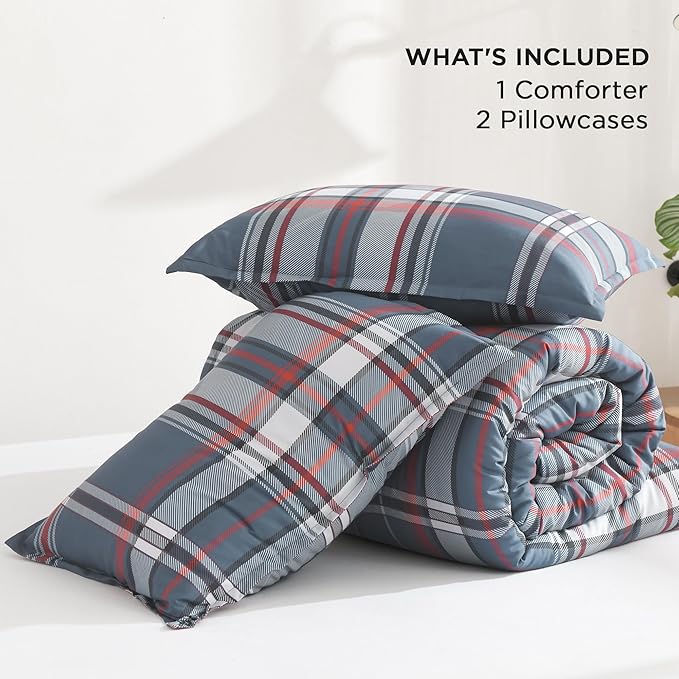 Andency Navy Red Plaid Comforter Set Queen(90x90Inch), 3 Pieces Grid Gingham Stripes Bedding Comforter Sets for Boys Girls Kids Teens, Preppy Geometric Line Soft Lightweight Reversible Bed Set as Gift