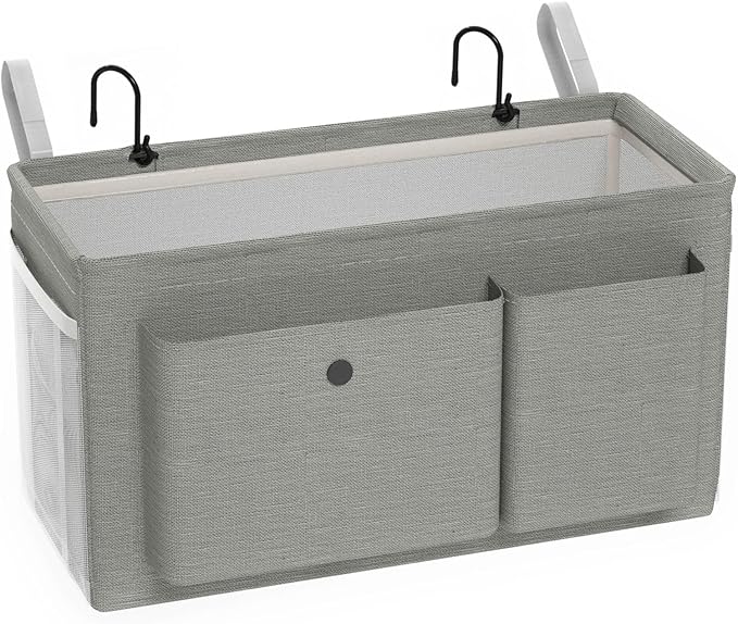 Bedside Caddy Bedside Organizer with Fixed Straps & Water Bottle Holder, Bunk Bed Caddy ideal for Home, Dorm, Hospital, Crib, Versatile Bedside Storage Solution (Grey)