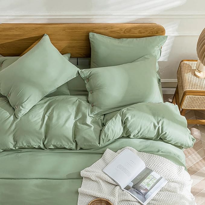 JELLYMONI Cotton Duvet Cover Twin Size - Light Green Comforter Cover with Button 100% Washed Cotton 2PCS Breathable Soft Solid Bedding Set Duvet Cover 68×90in & 1 Pillowcase (NO Comforter)