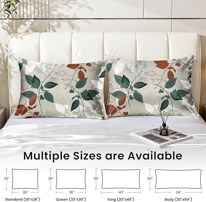 EXQ Home Satin Pillowcase for Hair and Skin Queen - Printed Green Leaves Silk Pillow Cases 2 Pack 20x30 inches - Satin Pillow Cases Set of 2 with Envelope Closure, Gifts for Women Men