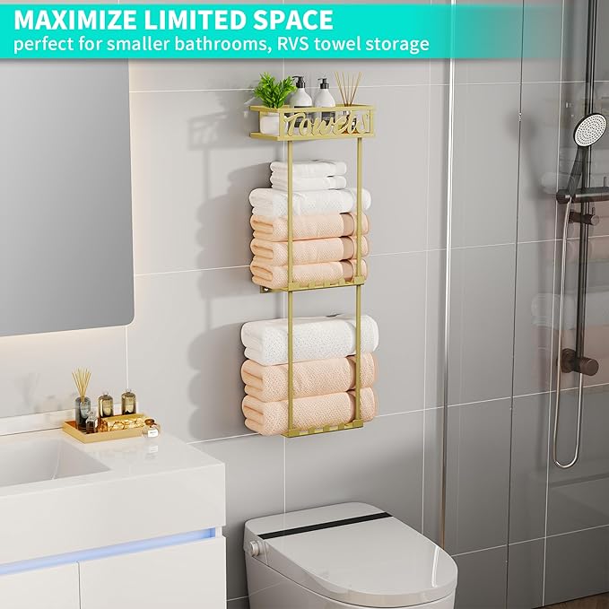 HapiRm Towel Rack Bathroom Storage - 3 Tier Over The Door & Wall Mounted Rolled Towel Racks Holder Organizer with Metal Shelf and 6 Hooks for Small Bathroom, Camper, Rv - Black