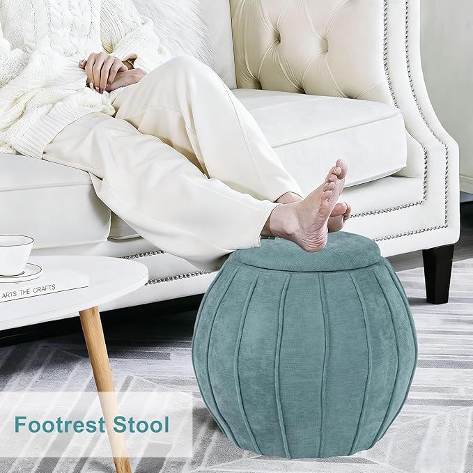 Crestview Collection 18" Foot Stool Ottoman, Round Storage Ottoman Removable Seat, Fabric Round Foot Rest, Vanity Stool, Extra Seating for Living Room, Bedroom, Entryway (Blue)