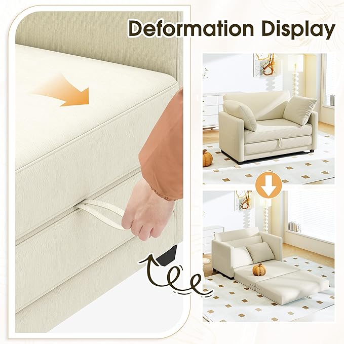 51" Convertible Sofa Bed, 2 in1 Folding Sofa Bed, Loveseat Sleeper Sofa for Small Spaces, Fold Out Floor Couch with 2 Pillows for Apartment, Living Room & Guest Room, Beige Chenille Fabric
