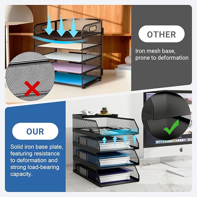 Natwind 4-Tier Desk Organizer,Stackable Paper Tray, Desk Accessories,Metal Mesh Desktop Organizer, Paper Sorter, Letter Trays,File Document Storage Rack for for Home, Office, School (Black)