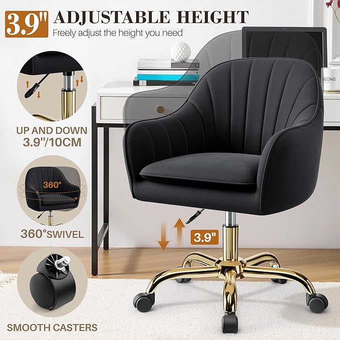 Vanity Chair with Wheels, Comfy Home Office Desk Chairs Adjustable Modern Velvet Makeup Vanity Chairs for Bedroom Living Room-Black