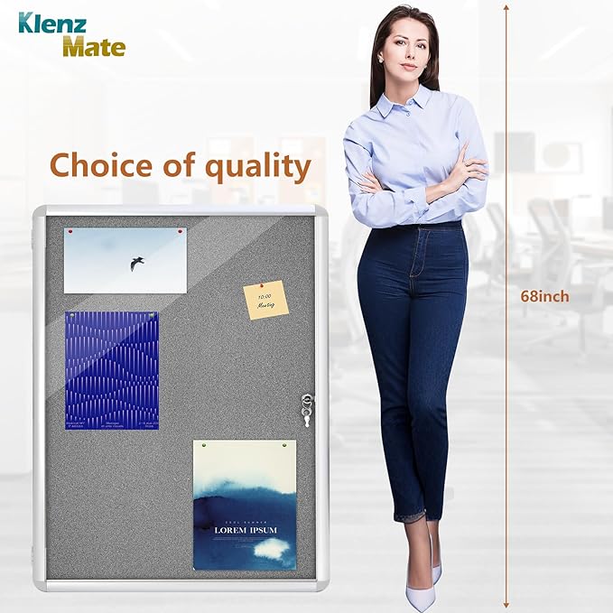 38"x28" Enclosed Bulletin Board Tamper-Proof Dispaly Case,Grey Fabric&Aluminium Frame,Shatter Resistant Lockable Bulletin Board with Clear Acrylic Door for School,Office,Mall,Community,Hospital,Church